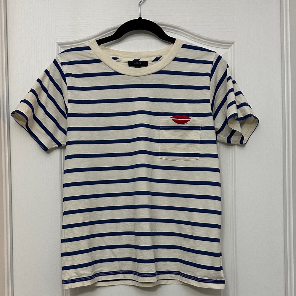 J. Crew Cream and Navy Striped Short Sleeve Tee with Red Lip Patch